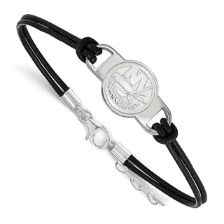 Sterling Silver Rhodium-plated NHL LogoArt New York Islanders Small Center Black Leather 7 inch Bracelet with Extender