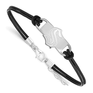 Sterling Silver Rhodium-plated NHL LogoArt Seattle Kraken Leather Bracelet