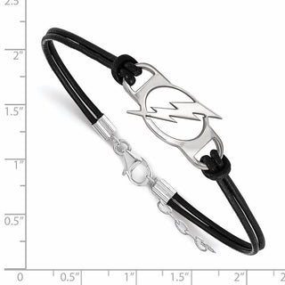 Sterling Silver Rhodium-plated NHL LogoArt Tampa Bay Lightning Small Center Black Leather 7 inch Bracelet with Extender