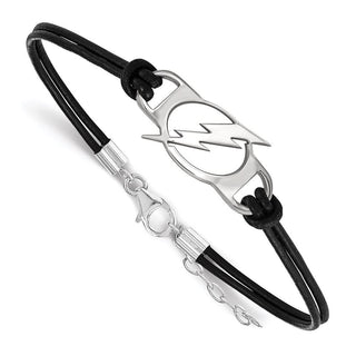 Sterling Silver Rhodium-plated NHL LogoArt Tampa Bay Lightning Small Center Black Leather 7 inch Bracelet with Extender
