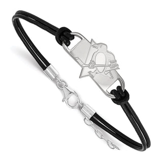 Sterling Silver Rhodium-plated NHL LogoArt Pittsburgh Penguins Small Center Black Leather 7 inch Bracelet with Extender