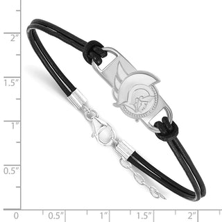 Sterling Silver Rhodium-plated NHL LogoArt Ottawa Senators Small Center Black Leather 7 inch Bracelet with Extender