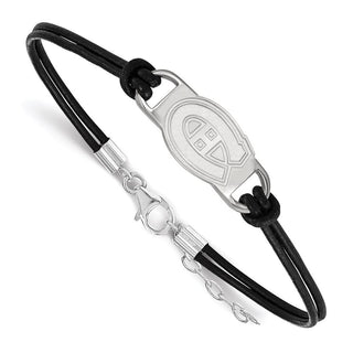Sterling Silver Rhodium-plated NHL LogoArt Montreal Canadiens Black Leather 7 inch Bracelet with Extender