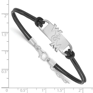 Sterling Silver Rhodium-plated LogoArt College of William and Mary Black Leather 7 inch Bracelet with Extender