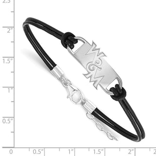 Sterling Silver Rhodium-plated LogoArt College of William and Mary Black Leather 7 inch Bracelet with Extender