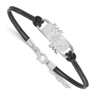Sterling Silver Rhodium-plated LogoArt College of William and Mary Black Leather 7 inch Bracelet with Extender