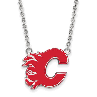 Sterling Silver Rhodium-plated NHL LogoArt Calgary Flames Letter C Large Enameled Pendant 18 inch Necklace