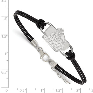 Sterling Silver Rhodium-plated LogoArt James Madison University Small Center Black Leather 7 inch Bracelet with Extender