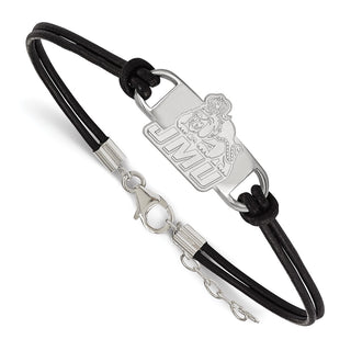 Sterling Silver Rhodium-plated LogoArt James Madison University Small Center Black Leather 7 inch Bracelet with Extender
