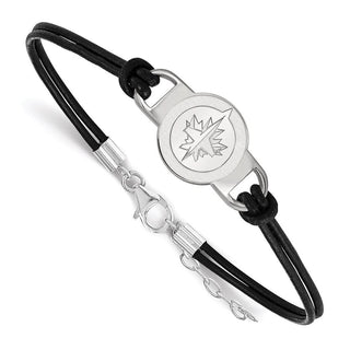 Sterling Silver Rhodium-plated NHL LogoArt Winnipeg Jets Small Center Black Leather 7 inch Bracelet with Extender