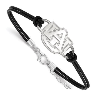 Sterling Silver Rhodium-plated LogoArt Auburn University A-U Medium Center Black Leather 7 inch Bracelet with Extender