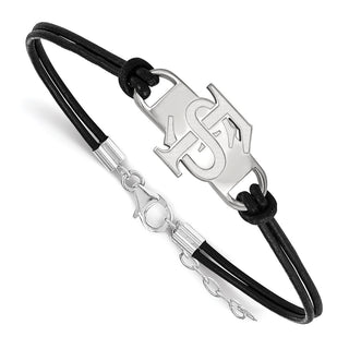 Sterling Silver Rhodium-plated LogoArt Florida State University F-S Small Center Black Leather 7 inch Bracelet with Extender