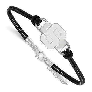 Sterling Silver Rhodium-plated LogoArt Michigan State University Letter S Small Center Black Leather 7 inch Bracelet with Extender