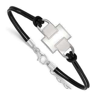 Sterling Silver Rhodium-plated LogoArt University of Illinois Letter I Small Center Black Leather 7 inch Bracelet with Extender