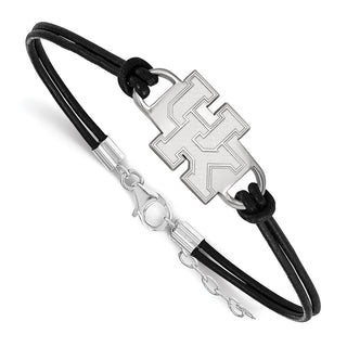 Sterling Silver Rhodium-plated LogoArt University of Kentucky U-K Small Center Black Leather 7 inch Bracelet with Extender