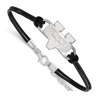 Sterling Silver Rhodium-plated LogoArt University of Virginia Small Center Black Leather 7 inch Bracelet with Extender