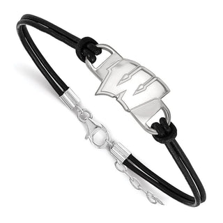 Sterling Silver Rhodium-plated LogoArt University of Wisconsin Letter W Small Center Black Leather 7 inch Bracelet with Extender