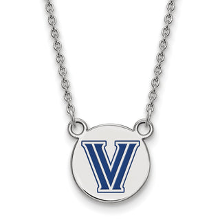 Sterling Silver Rhodium-plated LogoArt Villanova University Letter V Small Enameled Disc Pendant 18 inch Necklace