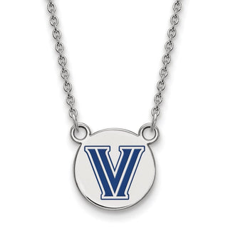 Sterling Silver Rhodium-plated LogoArt Villanova University Letter V Small Enameled Disc Pendant 18 inch Necklace