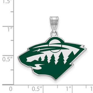 Sterling Silver Rhodium-plated NHL LogoArt Minnesota Wild Large Enameled Pendant