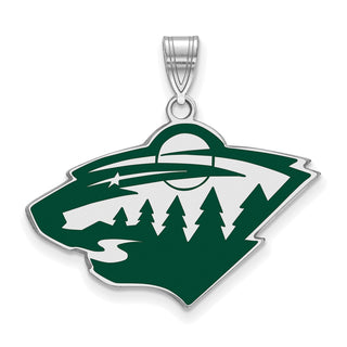 Sterling Silver Rhodium-plated NHL LogoArt Minnesota Wild Large Enameled Pendant