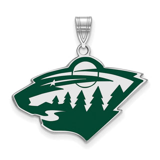 Sterling Silver Rhodium-plated NHL LogoArt Minnesota Wild Large Enameled Pendant