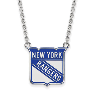 Sterling Silver Rhodium-plated NHL LogoArt New York Rangers Large Enameled Pendant 18 inch Necklace