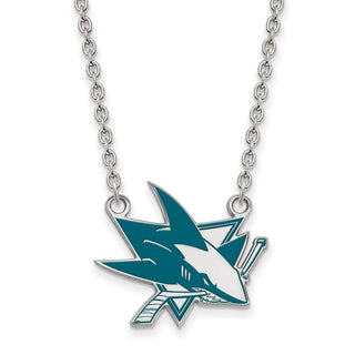 Sterling Silver Rhodium-plated NHL LogoArt San Jose Sharks Large Enameled Pendant 18 inch Necklace