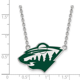 Sterling Silver Rhodium-plated NHL LogoArt Minnesota Wild Large Enameled Pendant 18 inch Necklace