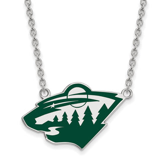 Sterling Silver Rhodium-plated NHL LogoArt Minnesota Wild Large Enameled Pendant 18 inch Necklace