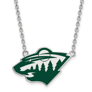 Sterling Silver Rhodium-plated NHL LogoArt Minnesota Wild Large Enameled Pendant 18 inch Necklace