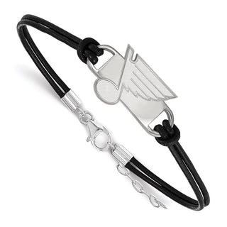 Sterling Silver Rhodium-plated NHL LogoArt St. Louis Blues Small Center Black Leather 7 inch Bracelet with Extender