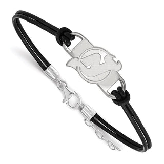 Sterling Silver Rhodium-plated NHL LogoArt New Jersey Devils Small Center Black Leather 7 inch Bracelet with Extender