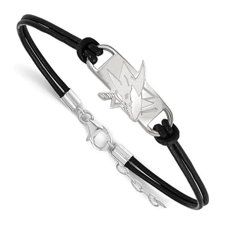 Sterling Silver Rhodium-plated NHL LogoArt San Jose Sharks Small Center Black Leather 7 inch Bracelet with Extender