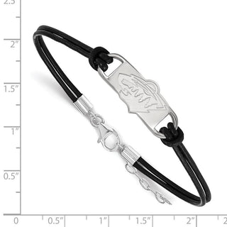 Sterling Silver Rhodium-plated NHL LogoArt Minnesota Wild Small Center Black Leather 7 inch Bracelet with Extender