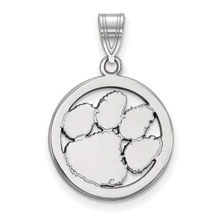 Sterling Silver Rhodium-plated LogoArt Clemson University Tiger Paw Medium Circle Pendant