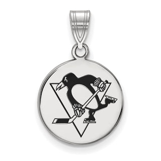 Sterling Silver Rhodium-plated NHL LogoArt Pittsburgh Penguins Medium Enameled Disc Pendant