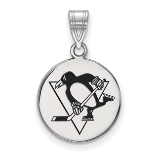 Sterling Silver Rhodium-plated NHL LogoArt Pittsburgh Penguins Medium Enameled Disc Pendant