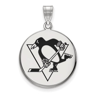 Sterling Silver Rhodium-plated NHL LogoArt Pittsburgh Penguins Large Enameled Disc Pendant