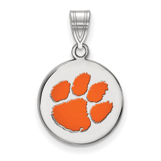 Sterling Silver Rhodium-plated LogoArt Clemson University Tiger Paw Medium Enameled Disc Pendant