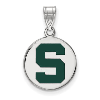 Sterling Silver Rhodium-plated LogoArt Michigan State U Medium Enameled Disc Pendant