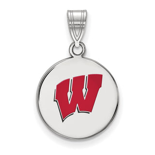 Sterling Silver Rhodium-plated LogoArt University of Wisconsin Letter W Medium Enameled Disc Pendant