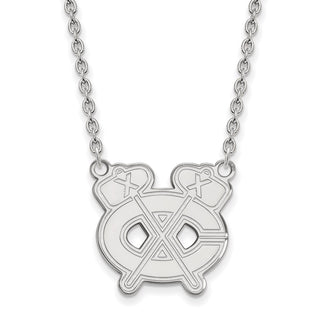 Sterling Silver Rhodium-plated NHL LogoArt Chicago Blackhawks Letter C and Tomahawk Large Pendant 18 inch Necklace