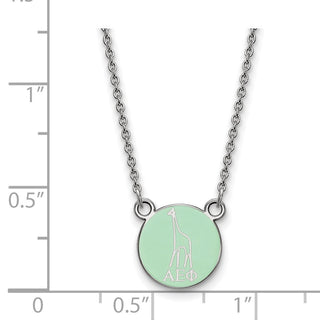 Sterling Silver Alpha Epsilon Phi Sorority Necklace - Extra Small Giraffe on Green Enamel Disc, 18in Chain, Rhodium-Plated
