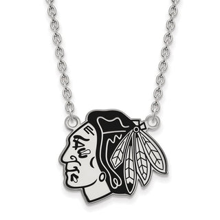 Sterling Silver Rhodium-plated NHL LogoArt Chicago Blackhawks Large Enameled Pendant 18 inch Necklace