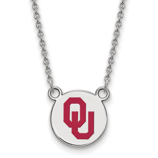 Sterling Silver Rhodium-plated LogoArt University of Oklahoma O-U Small Enameled Disc Pendant 18 inch Necklace