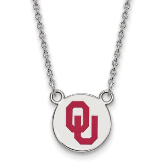 Sterling Silver Rhodium-plated LogoArt University of Oklahoma O-U Small Enameled Disc Pendant 18 inch Necklace