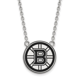 Sterling Silver Rhodium-plated NHL LogoArt Boston Bruins Large Enameled Pendant 18 inch Necklace