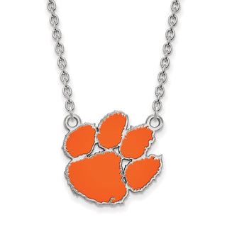 Sterling Silver Rhodium-plated LogoArt Clemson University Tiger Paw Large Enameled Pendant 18 inch Necklace