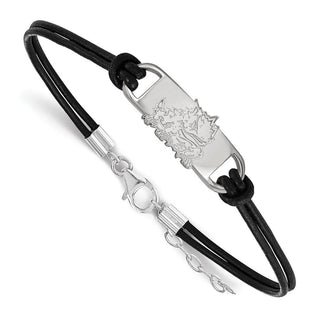 Sterling Silver Rhodium-plated LogoArt Texas Christian University Horned Frog Small Center Black Leather 7 inch Bracelet with Extender